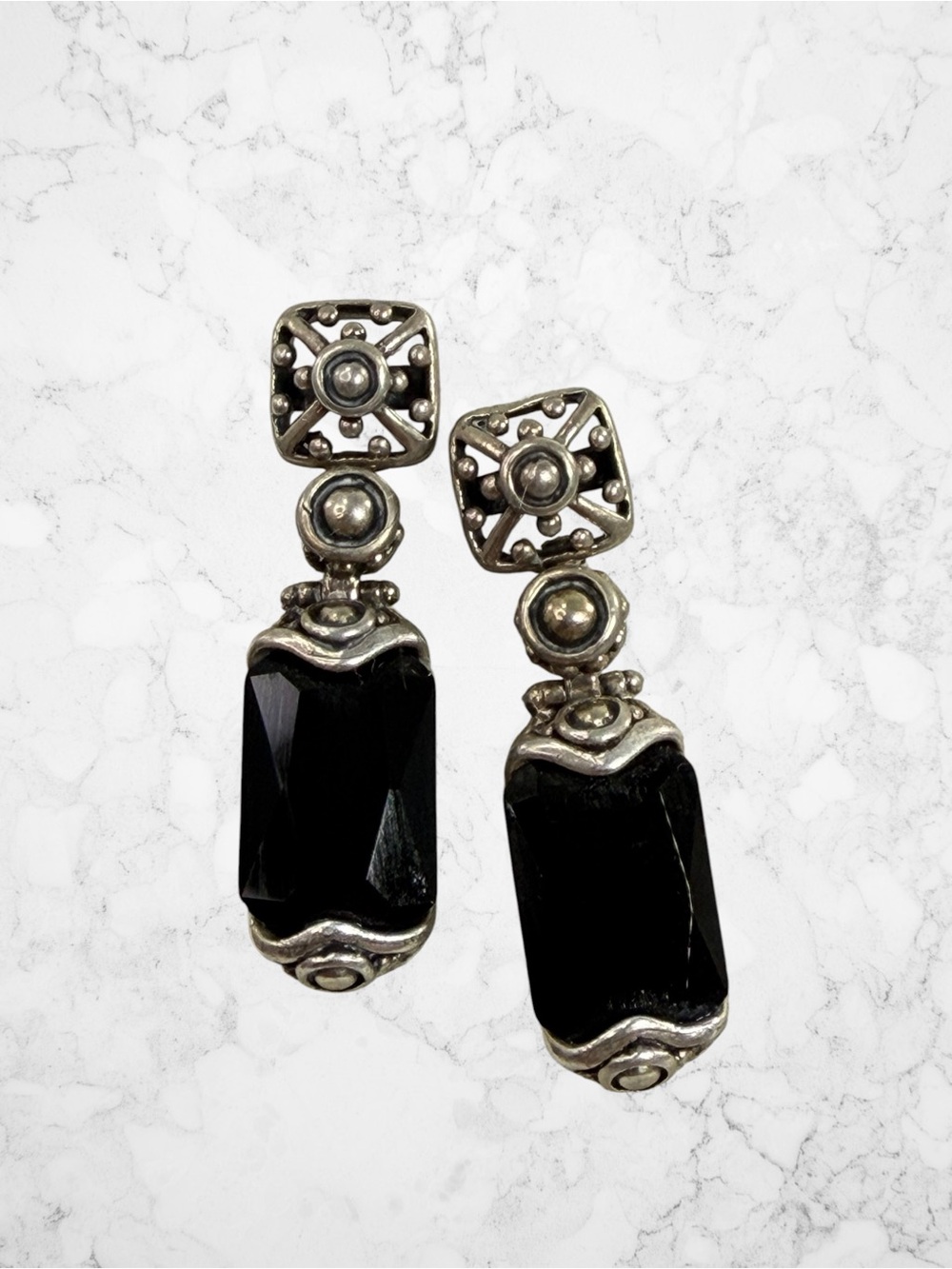 VTG Sterling Silver 925 Dangle Drop Faceted Black Onyx Stud Earrings Filigree